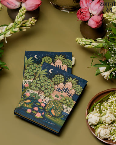 Chandani Raatein in Vrindavan 2026 Yearly Daily Planner dark blue cover with temple domes, peacocks, and lotus pond artwork by Roohanirang
