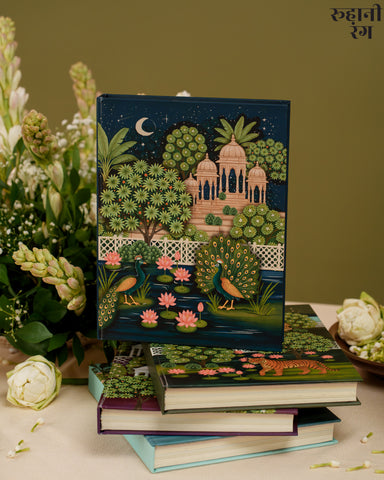 Chandani Raatein in Vrindavan 2026 Yearly Daily Planner dark blue cover with temple domes, peacocks, and lotus pond artwork by Roohanirang