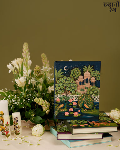 Chandani Raatein in Vrindavan 2026 Yearly Daily Planner dark blue cover with temple domes, peacocks, and lotus pond artwork by Roohanirang