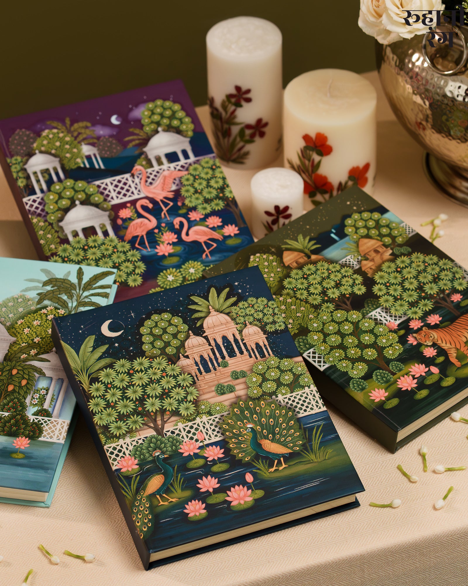 Chandani Raatein in Vrindavan 2026 Yearly Daily Planner dark blue cover with temple domes, peacocks, and lotus pond artwork by Roohanirang