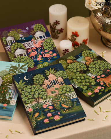 Chandani Raatein in Vrindavan 2026 Yearly Daily Planner dark blue cover with temple domes, peacocks, and lotus pond artwork by Roohanirang