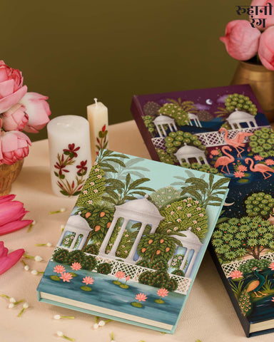 Handmade 2026 Yearly Daily Planner India by Roohanirang with teal pichola design. lotus pond and chatris in udaipur