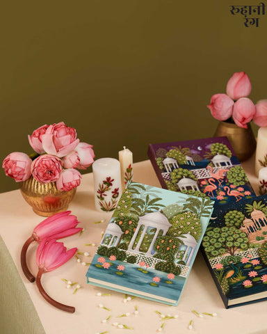 Handmade 2026 Yearly Daily Planner India by Roohanirang with teal pichola design. lotus pond and chatris in udaipur