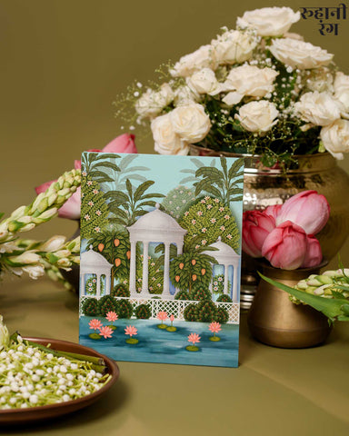 Handmade 2026 Yearly Daily Planner India by Roohanirang with teal pichola design. lotus pond and chatris in udaipur