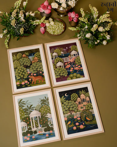 Four framed artworks on a brown background with floral decorations.