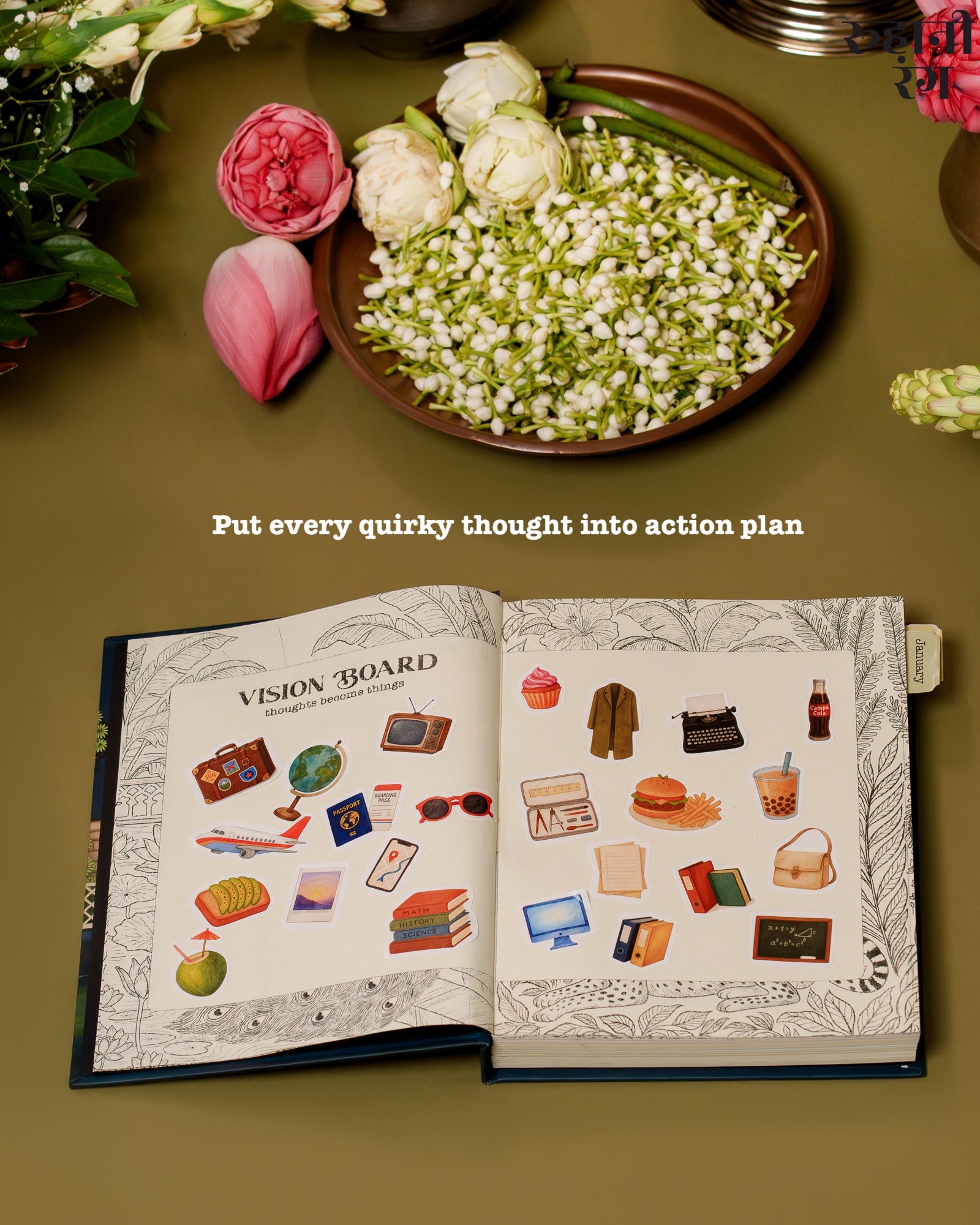 Eco-friendly 2026 planner by Roohanirang on desk with pens and art supplies for mindful journaling