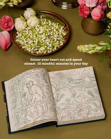Hand-drawn coloring pages with animals and Indian motifs inside 2026 eco-friendly Yearly Daily Planner for art therapy.