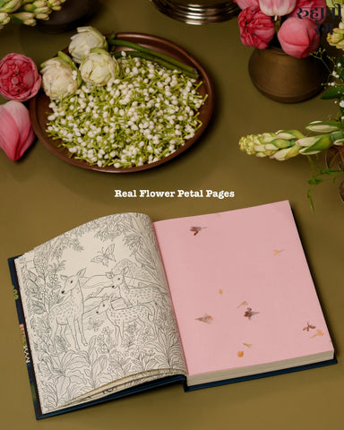 Close-up of recycled cotton paper with real flower petals used in Roohanirang handmade planner
