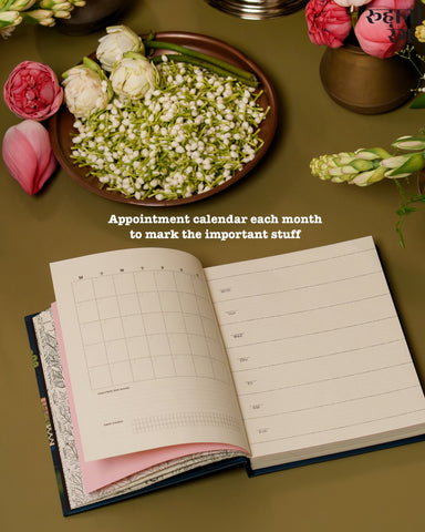 Monthly appointment calendar page in 2026 handmade planner India with habit tracker and wellness planning layout.