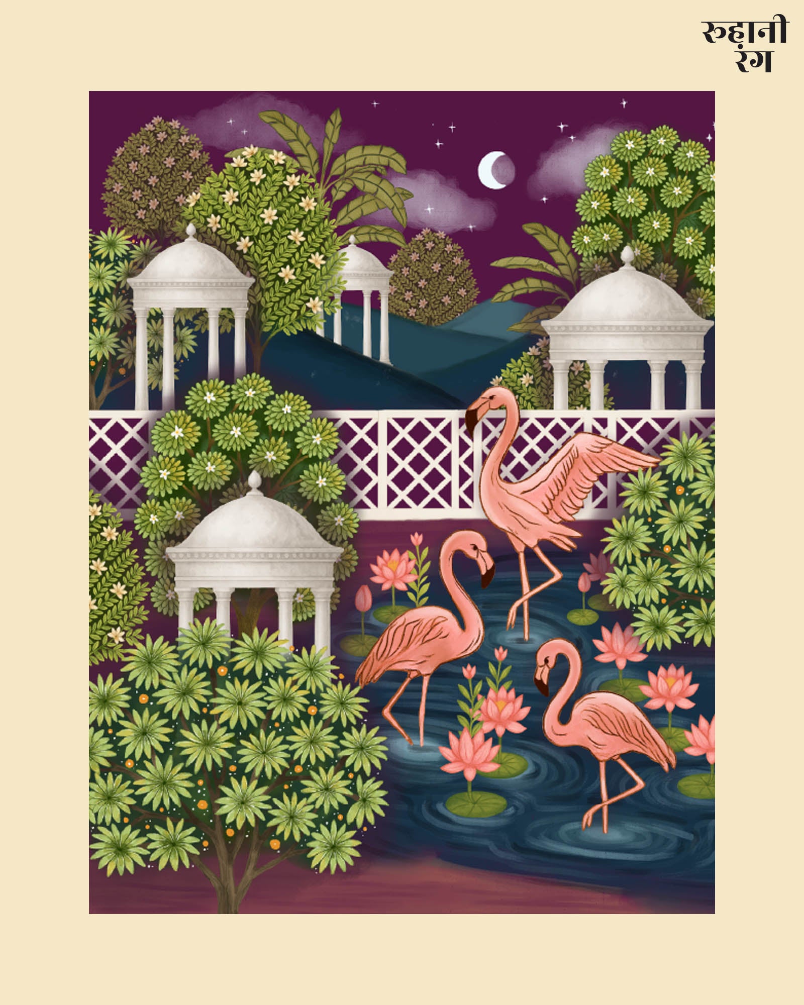 Illustration of flamingos in a garden with flowers and gazebo-like structures.