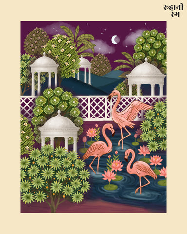 Illustration of flamingos in a garden with flowers and gazebo-like structures.
