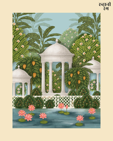 Illustration of a garden scene with white pavilions, greenery, and pink flowers.
